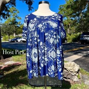 Sunflower Blue Floral Blouse Size 2XL Hi-Lo Plus Asymmetrical Top Pleated Flowy